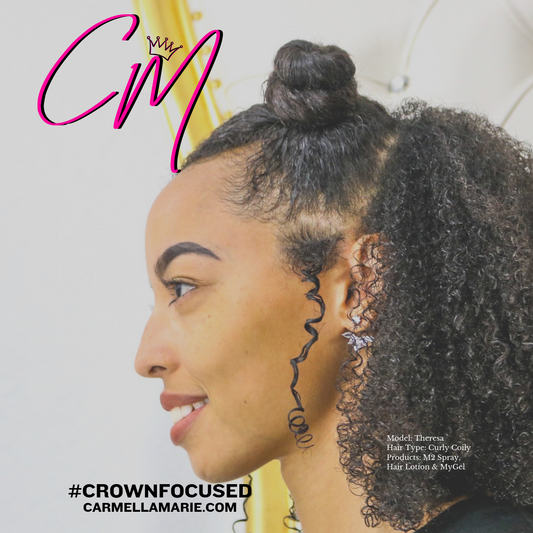 Model with Bantu Knots in her hair who is using product for curly hair by Carmella Marie, she is crown focused. 